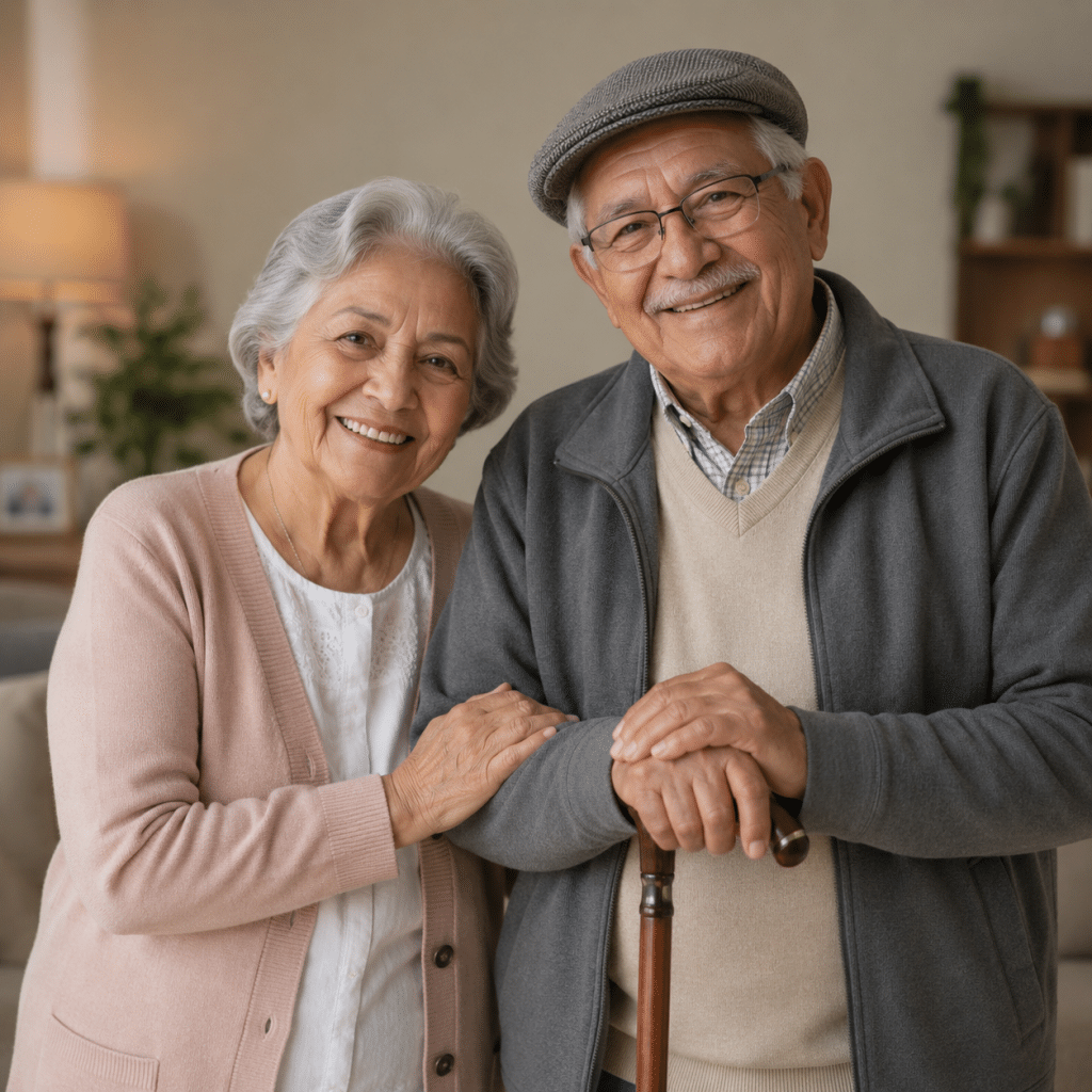 Dos adultos mayores sonriendo y compartiendo un momento de felicidad
